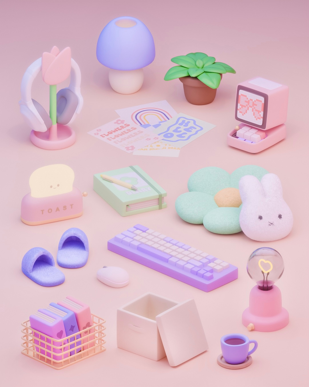 Some props 💓✨ 3d 3dart 3dmodel 3dmodeler 3dmodels art book cute3d cuteart design illustration keyboards pc pillow props