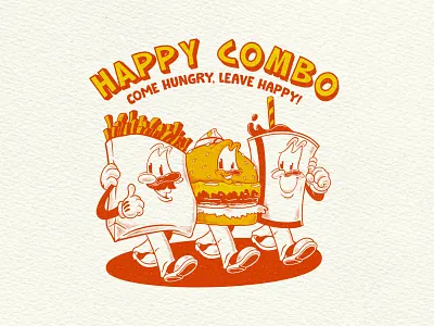 HAPPY COMBO apparel art branding burger cartoon character coke design draw fast food food cartoon french fries graphic design icon illustration junk food poster retro t shirt vintage