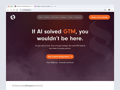 Landing Page Design For Smoke Signals AI ai ai solved gtm creative landing page gtm homepage landing page signals smoke ui uiux website