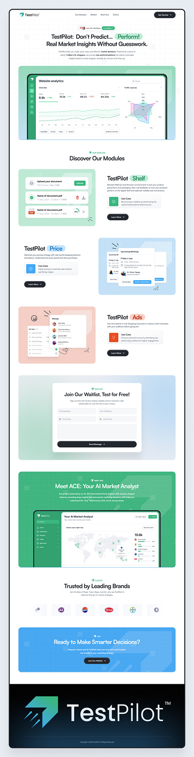 TestPilot Landing Page Design clean cpg ecommerce landing page modern platform testing testpilot
