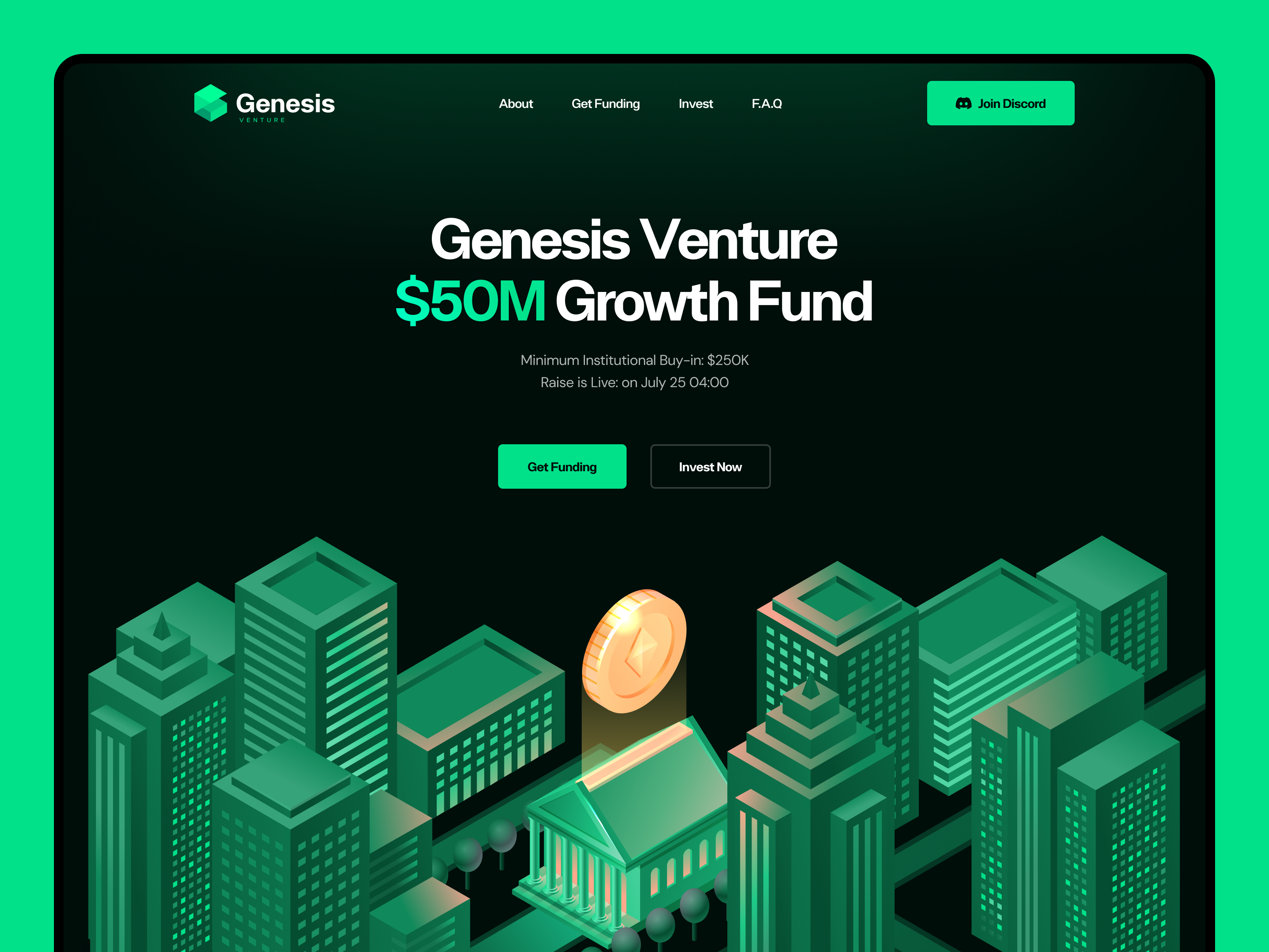 Genesis Venture Growth Fund Landing Page design capital clean crypto fund landing modern venture website