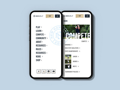 NH Golf Mobile Mega Menu art direction branding cta golf grid grid layout icons interface links mega menu menu mobile mockup social sports sports design ui ux visual design web design