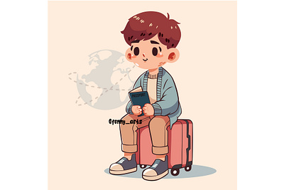 Cartoon Boy Sitting on Luggage airplane background cartoon destination explore ferias holiday location luggage outing summer tour tourism tourist travel traveler traveling trip vacation verano