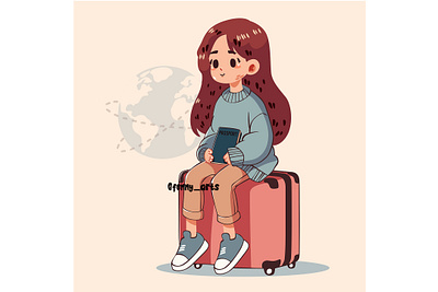 Cartoon Girl Sitting on Pink Luggage airplane background cartoon destination explore ferias holiday location luggage outing summer tour tourism tourist travel traveler traveling trip vacation verano
