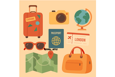 Collection of Travel-Related Objects Set background baggage cartoon collection elements globe holiday journey luggage pack set suitcase tourism tourist travel traveler traveling trip vacation voyage