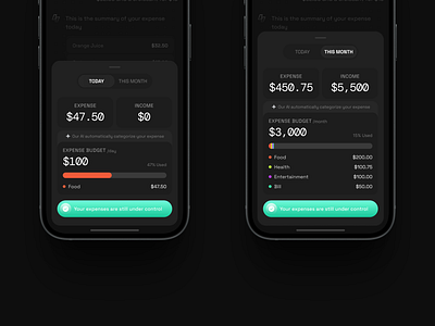 FinChat - Daily & Monthly Summaries budget chart daily dark detail document expense finance income monthly summary tracking