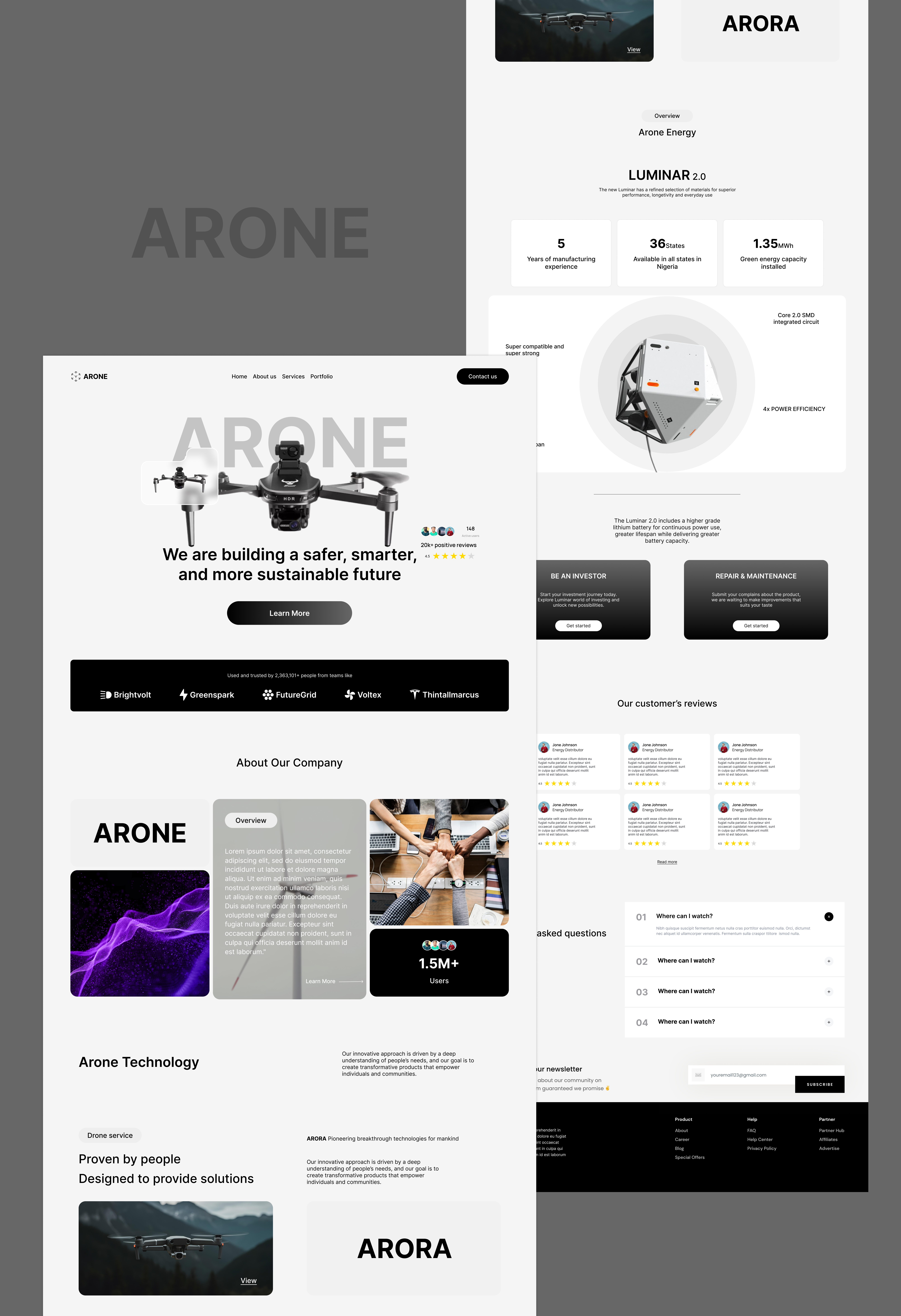 Arone, An energy production company landing page website 3d animation battery branding design drone energy graphic design illustration landing page logo typography ui ux vector website