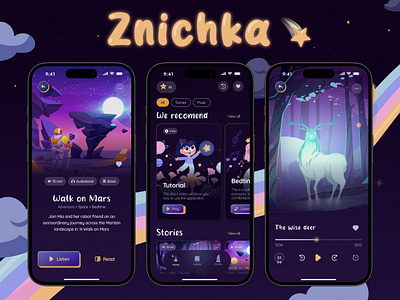 Znichka — Bedtime Stories App for Kids ai logo app app desing app ui ux bedtime story bedtime story app branding kids app logo logotipu kurimas logotype pidea ui ux ux ui visual identity