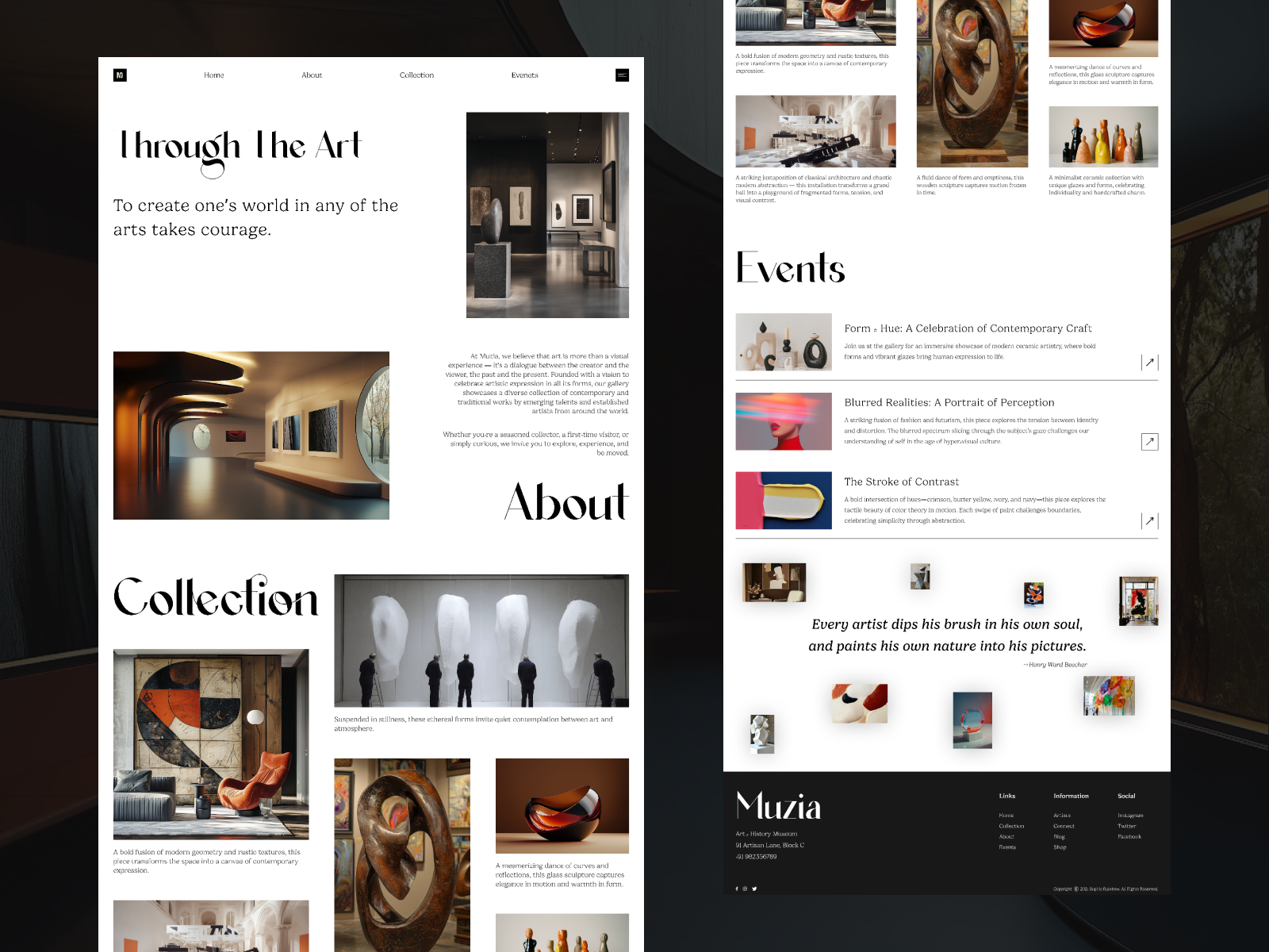 Muzia – A Modern Art Gallery Website Experience app art branding design dribbble e commerce editorial figma graphic design illustration layout design logo mockup typography ui user interface ux website