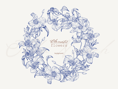 Toile vintage floral wreath Clematis flowers. Hand drawn arrangement blue branding clematis composition design drawing engraving floral wreath flowers graphics greeting card hand drawn illustration retro sketch toile vector vintage wedding decor