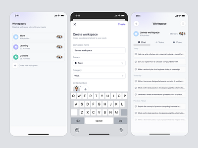 Workspace Collaboration Mobile App: Create & Manage Module app design chat collaboration collaboration app ios management media message mobile mobile app mobile app design productivity productivity app project management video voice voice chat workspace app workspace collaboration