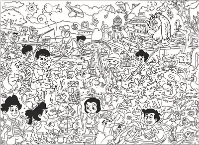 Black & White Coloring Page – Cute Animal Scene freelanceillustrator line art