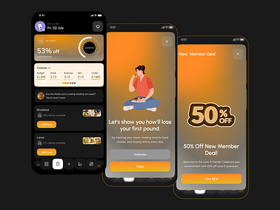 Lose It! – Clean & Engaging Calorie Tracker UI app design calorie tracker daily tracker discount banner ui fitness app food health wellness health app lose it mobile app mobile ui modern app ui ui ux design ux design weight loss ui