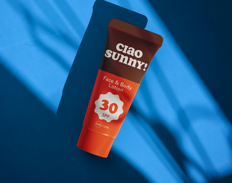 Ciao Sunny! Packaging Design animation bright colors cosmetic brand cosmetic design graphic design island vibes logo design lotion packaging motion design motion graphics packaging design sketch spf cream summer design summer vibes sun logo sunscreen