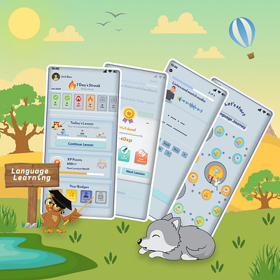 Laxiland – A Playful Language Learning World appdesign claymorphism dribbbleshot edtechdesign flutterui gamifiedlearning languagelearningapp laxiland mobileui probietech uiux