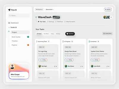FLOW AI - Task Management Dashboard accent colors dashboard dashboard light linear redesign management minimal modern colors modern ui pastel colors product design saas saas light bg saas minimal soft color task task management task ui team management