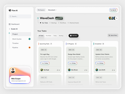 FLOW AI - Task Management Dashboard accent colors dashboard dashboard light linear redesign management minimal modern colors modern ui pastel colors product design saas saas light bg saas minimal soft color task task management task ui team management