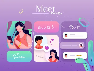 Swipe, Match & Chat app design charecter design dating app design graphic design graphic design illustration typography ui