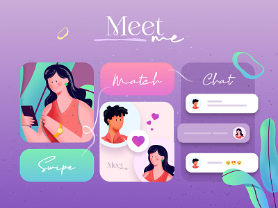 Swipe, Match & Chat app design charecter design dating app design graphic design graphic design illustration typography ui