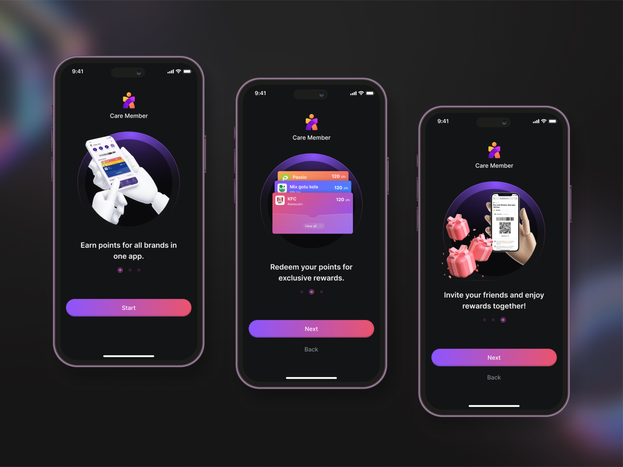 Loyalty App Onboarding Screens app design customer reward darkui figma loyalty app mobileapp onboarding point app ui design