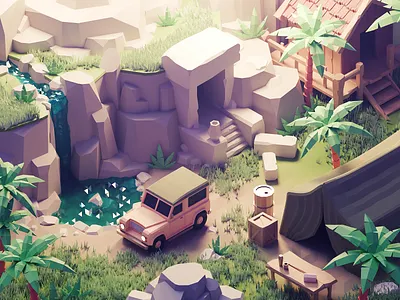 Jungle Camp 3d blender car diorama illustration isometric jungle lowpoly nature render