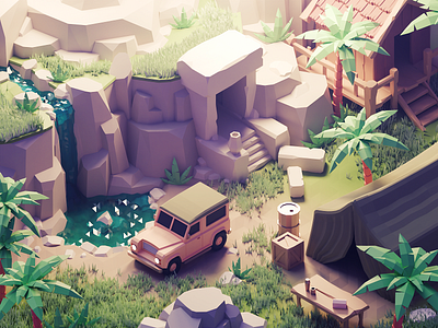 Jungle Camp 3d blender car diorama illustration isometric jungle lowpoly nature render