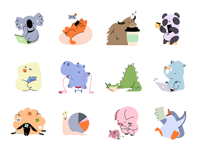 Friendly animals illustration pack animals b2b illustration branding illustration cartoon style character design colorful design custom mascot illustration kid kids mascot design mascotdesign pack playful branding relax team communication ui illustration vector illustration
