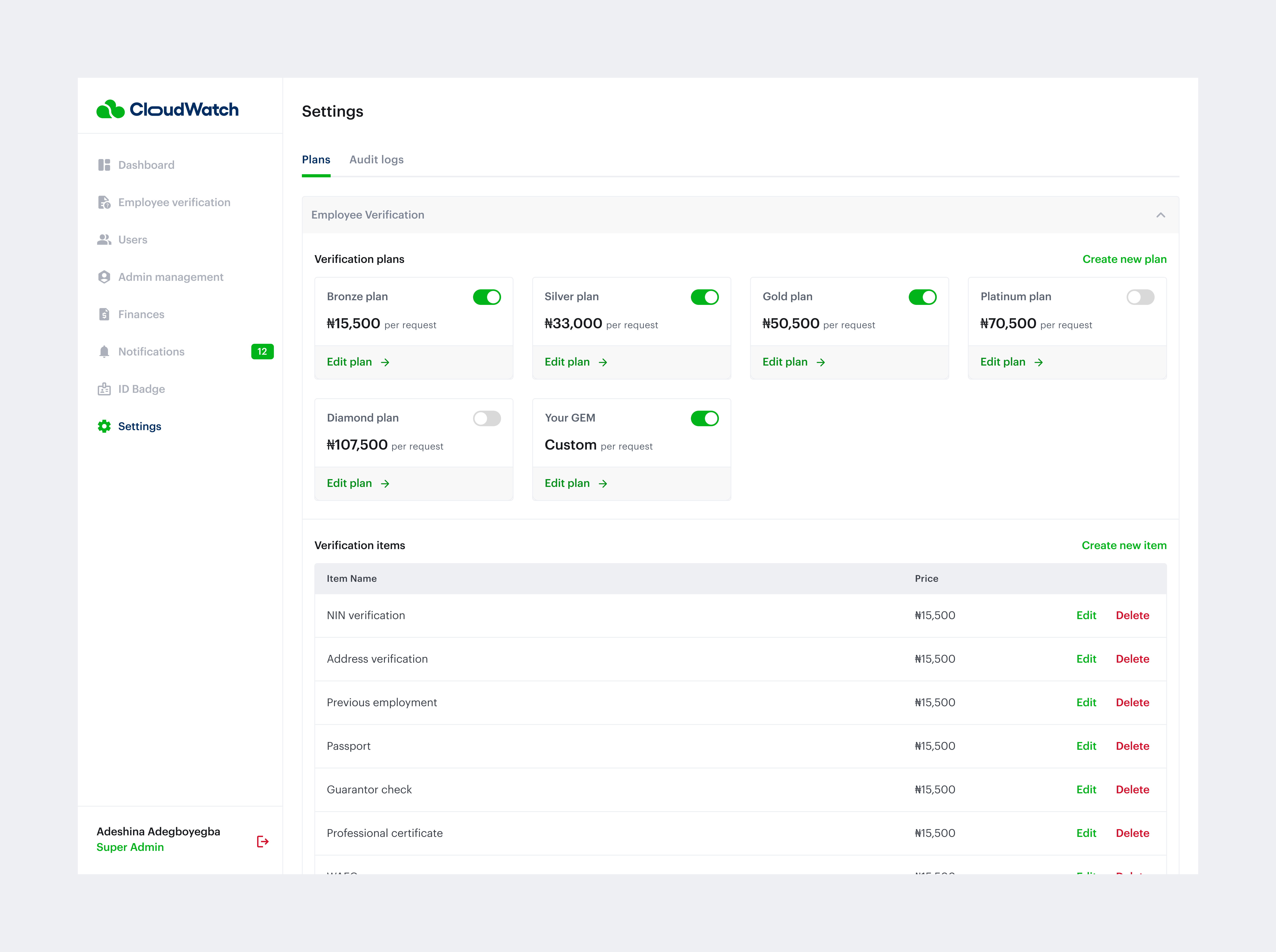 Admin - Plan Settings admin app design interface plans settings ui ui design uiux ux design web app web application