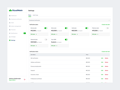 Admin - Plan Settings admin app design interface plans settings ui ui design uiux ux design web app web application