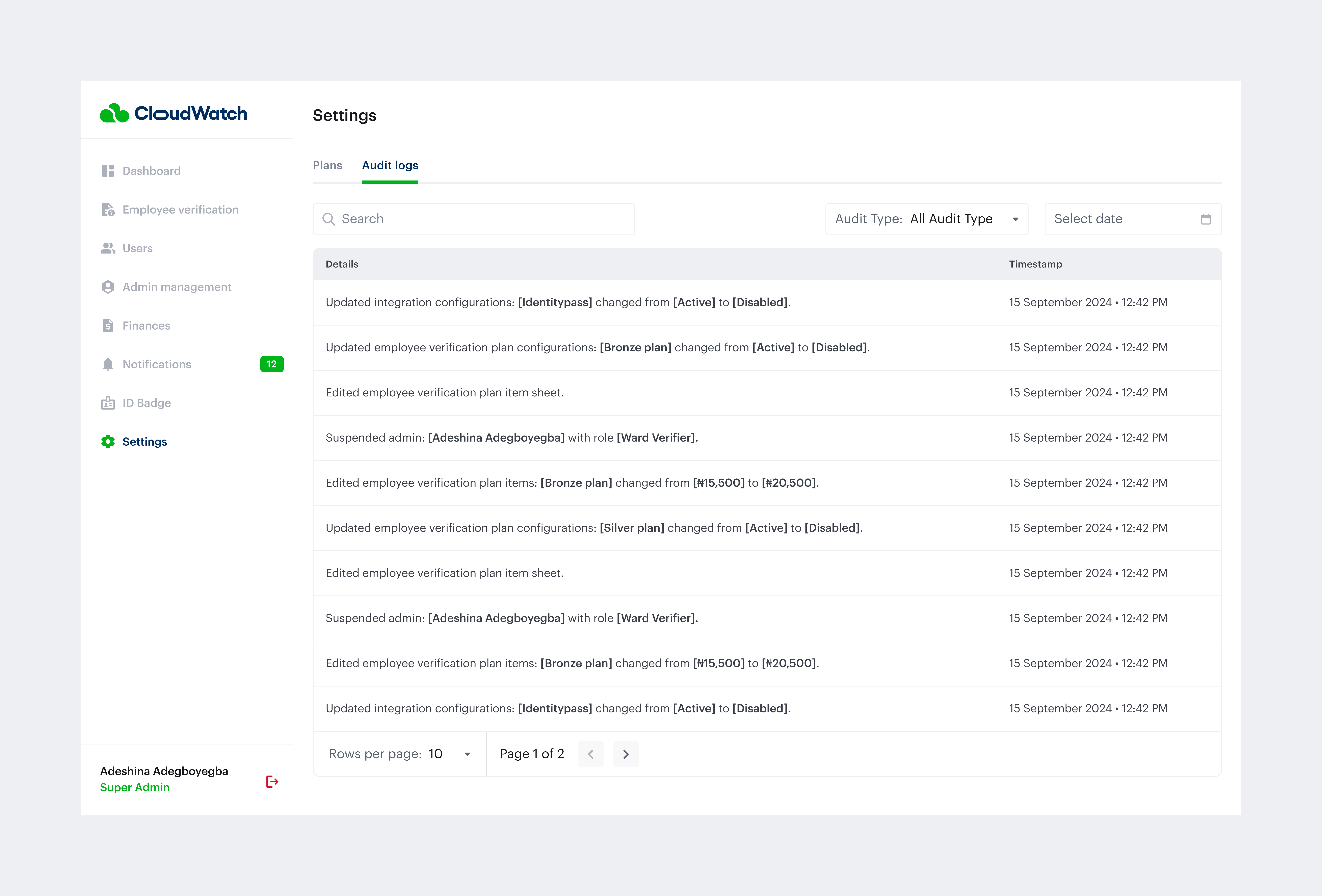 Admin - Audit Logs app audit logs design interface settings ui ui design uiux ux design web app web application