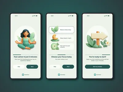 BreathEase: Meditation & Breathing App Onboarding 3d app design meditation mobile design onboarding relaxation ui uiux