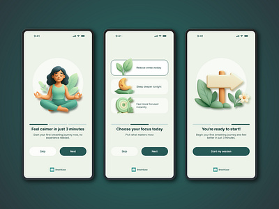 BreathEase: Meditation & Breathing App Onboarding 3d app design meditation mobile design onboarding relaxation ui uiux