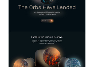 NovaOrbs – NFT Landing Page Design 3d best shots creative design cryptodesign dark darkthemeui futuristic landingpagedesign minimal nft nftwebsite space top trending design ui uidesign web design