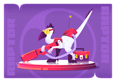 Dino arcade cartoon character dinosaur flat game gun illustration poster raptor rpg tech vector warrior