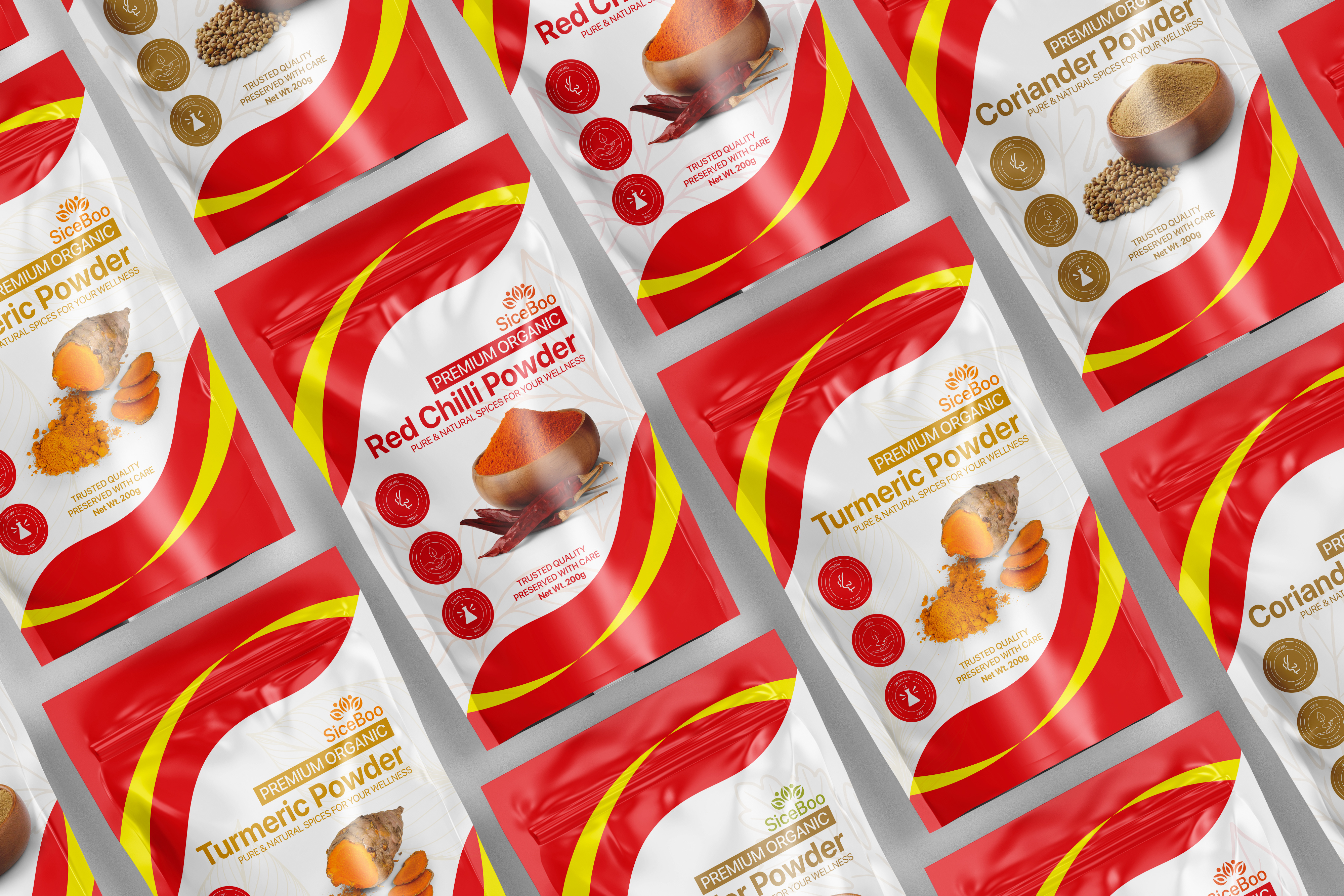 Spice Pouch Design – Coriander, Turmeric, Chilli curcumin pouch jahidjij minimal spice pouch design natural spice pack organic chilli spice pouch design