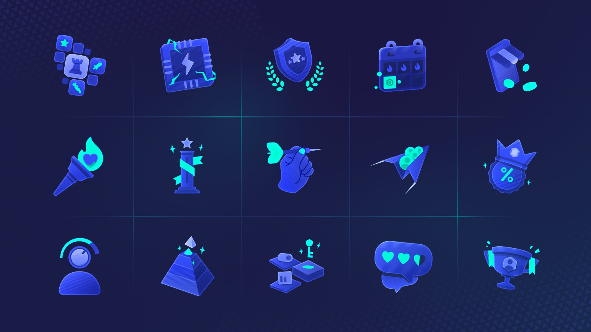 Icons set for player acquisition company acquisition ai powered catalogue chat dashboard discount gaming icons in app laurels leadership mobile monetization player set shop support tournaments trophy user