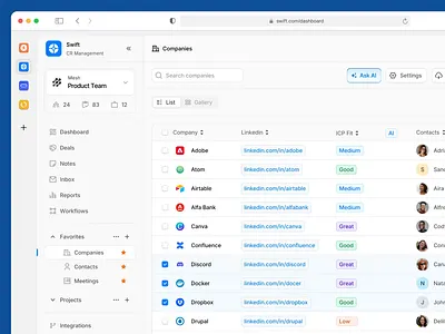 Swift - Companies Data Table animation barly crm customer relationship management dashboard data table database design motion graphics saas tooltips ui ux uxerflow web app web design website workspace