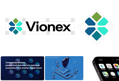 Vionex – Modern Tech Logo Design application blockchain blue tones connectivity corporate data digital ecosystem future gradient innovation integration minimalist mobile modern network security smart technology