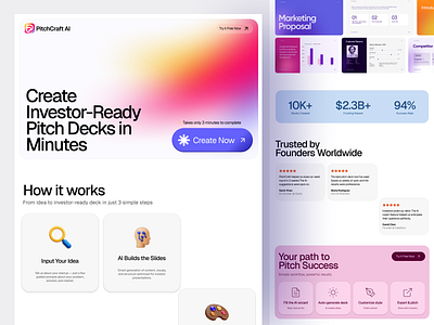 PitchCraft AI – Landing Page Design aero design ai ai product aiux design gradentui landingpagedesign minimal pitch deck maker pitchdeck pitchdeckdesign productui redesign saas saas design saas product startuptools ui webapp design website design