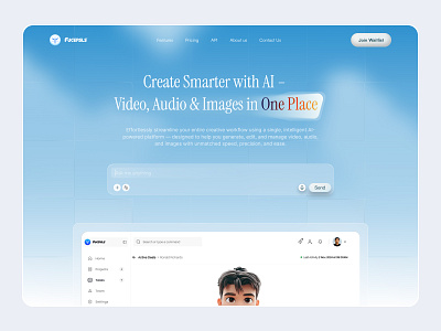 Create Smarter with AI — All-in-One Video, Audio & Image Platfor aidesign aiplatform allinoneplatform gradientui interactiondesign landingpage modernui uiux webdesign
