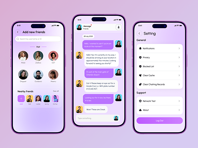 Dating Mobile App appdesign chatapp cleanui dating app figmadesign friendsapp iosdesign livechat messagingui minimalui mobileapp mobileexperience mobileui moderndesign purplegradient registrationpage settingspage socialapp uiux userinterface