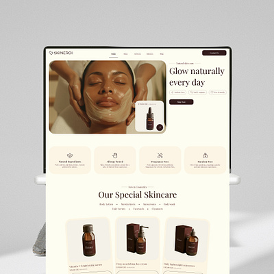 Skineroi - Cosmetic E-commerce Website UI/UX Design beauty brand beauty ecommerce beauty landing page beauty product body care cosmetic landing page cosmetic website ecommerce product page elegant luxury makeup artist website salon website shop page shopping website skincare website