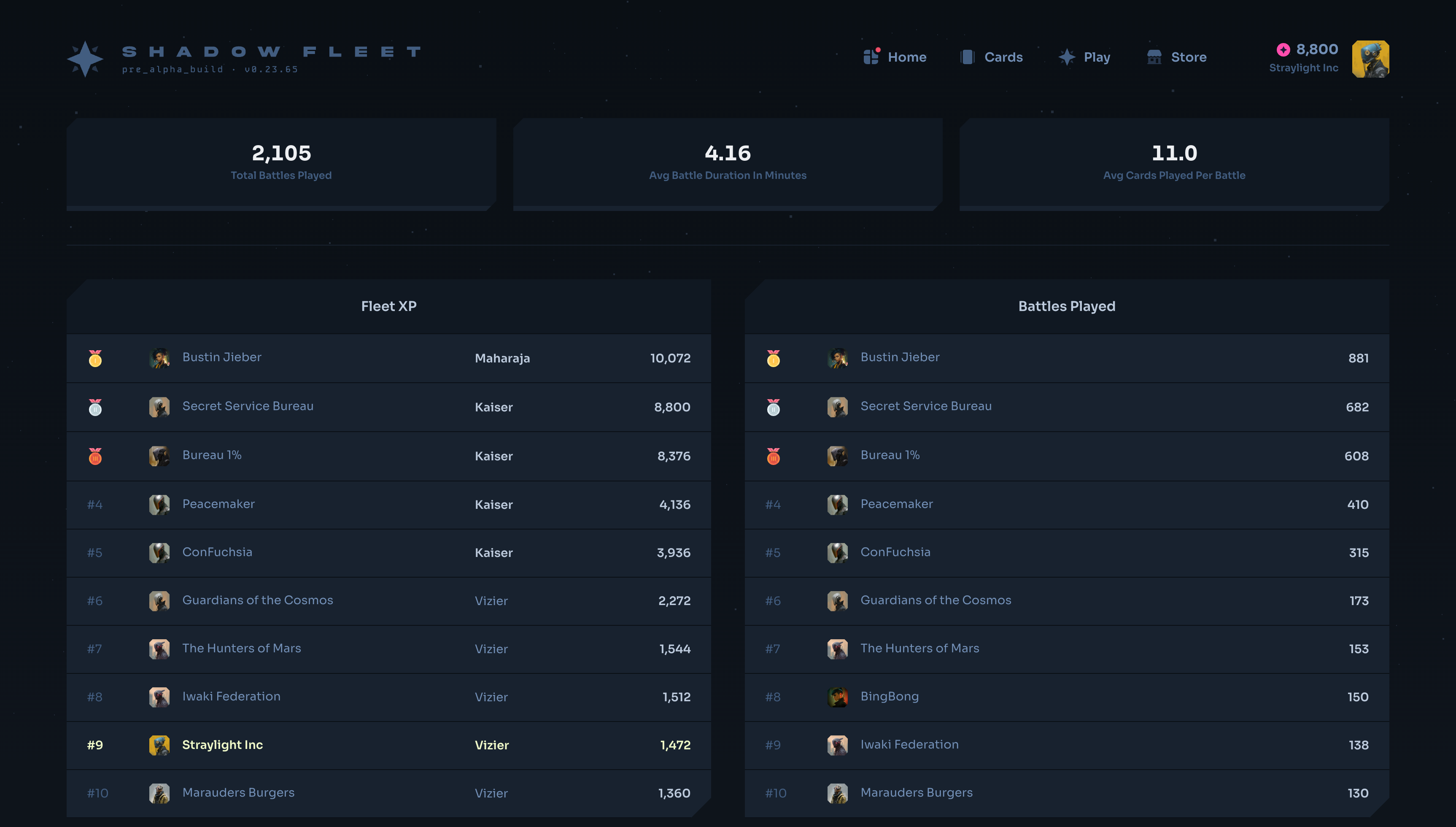 Shadow Fleet - Leaderboards dark ui web3