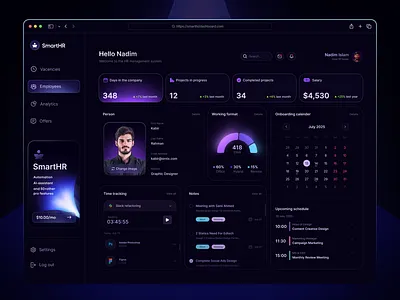 SmartHR – Modern HR Management Dashboard UI (Dark Theme) darkmode darkui dashboard dashboarddesign dashboardui figmadesign hrdashboard modernui saasdashboard ui uidesign userinterface uxdesign uxinspiration webapp webdashboard webdesign
