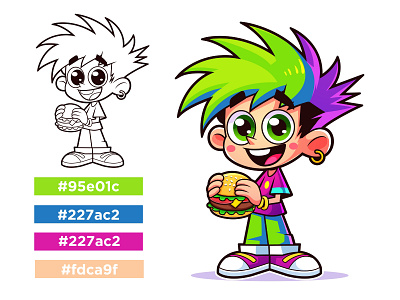 Cool Cartoon Boy Holding Burger Drawing In Vector Style beehaya branding cartoon cartoon boys eating hamburger cartoon boy cartoon boy character cartoon boy with food cartoon character cartoon character logo cute design fast food vector cartoon funny cartoon vector graphic design happy cartoon boy illustration logo mascot mascot design vector