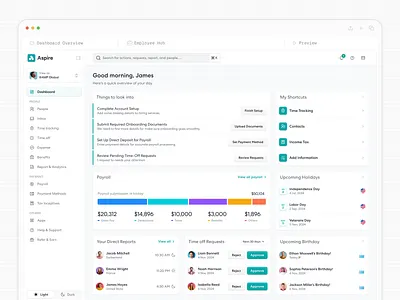 Aspire Employee Dashboard ai saass best designer on dribbble best saas design agency clean dashboard colorful dashboard data visualization mafruh minimal design progressive web app pwa report saas design saasfactor ui ux