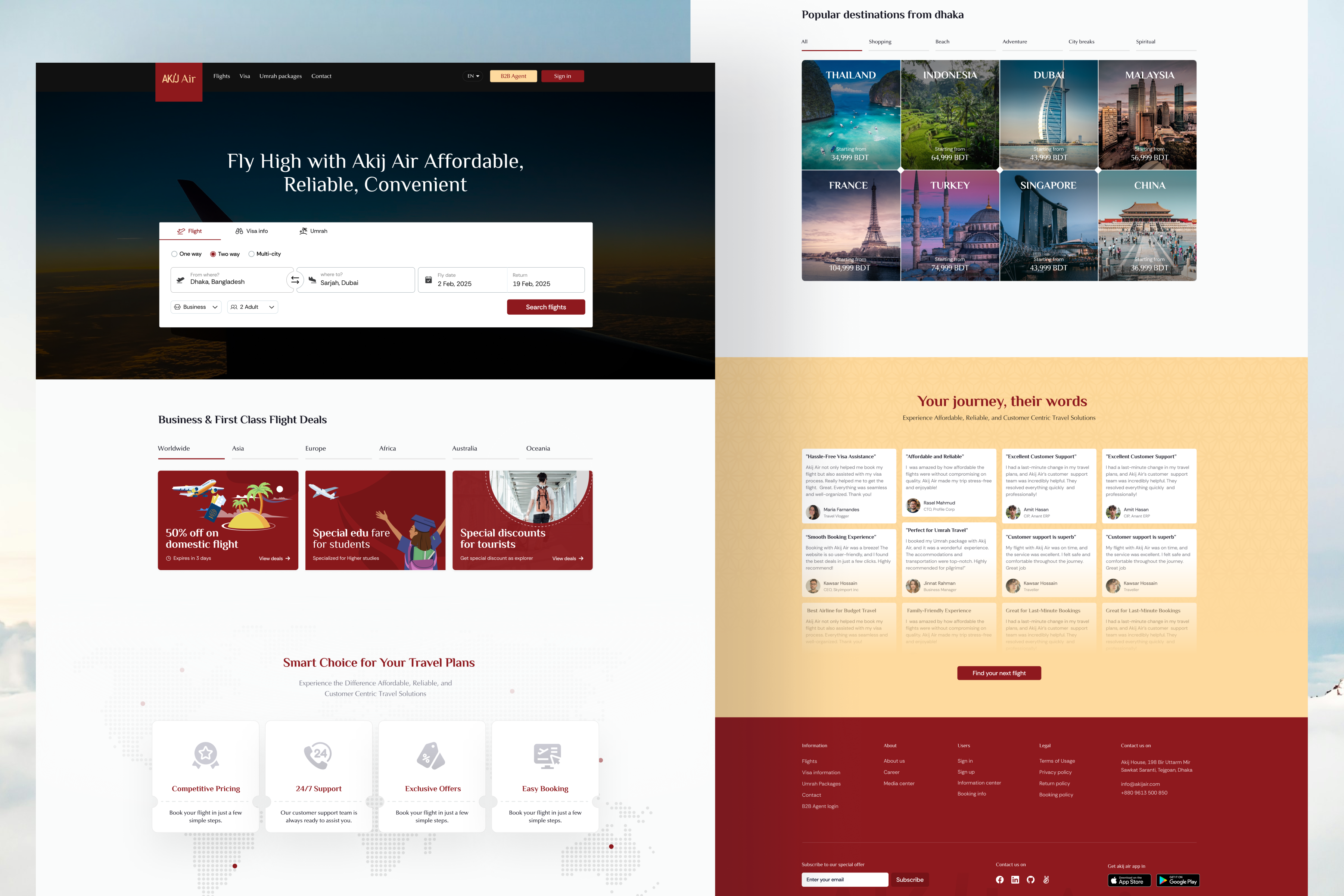 Akij Air Website Redesign – Modern, Reliable Flight‑Booking UI airline website design akij air web redesign customer testimonial carousel flight booking ui premium flight deals ui responsive airline booking travel dashboard design travel website ux
