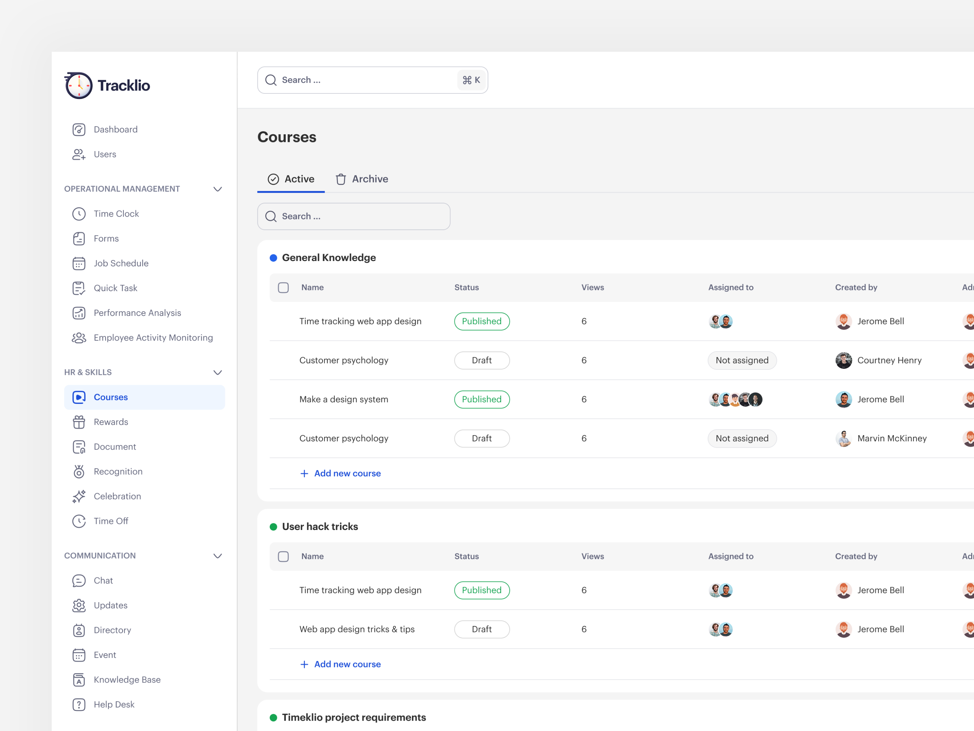 Example of Tracklio - Crouses Dashboard Design