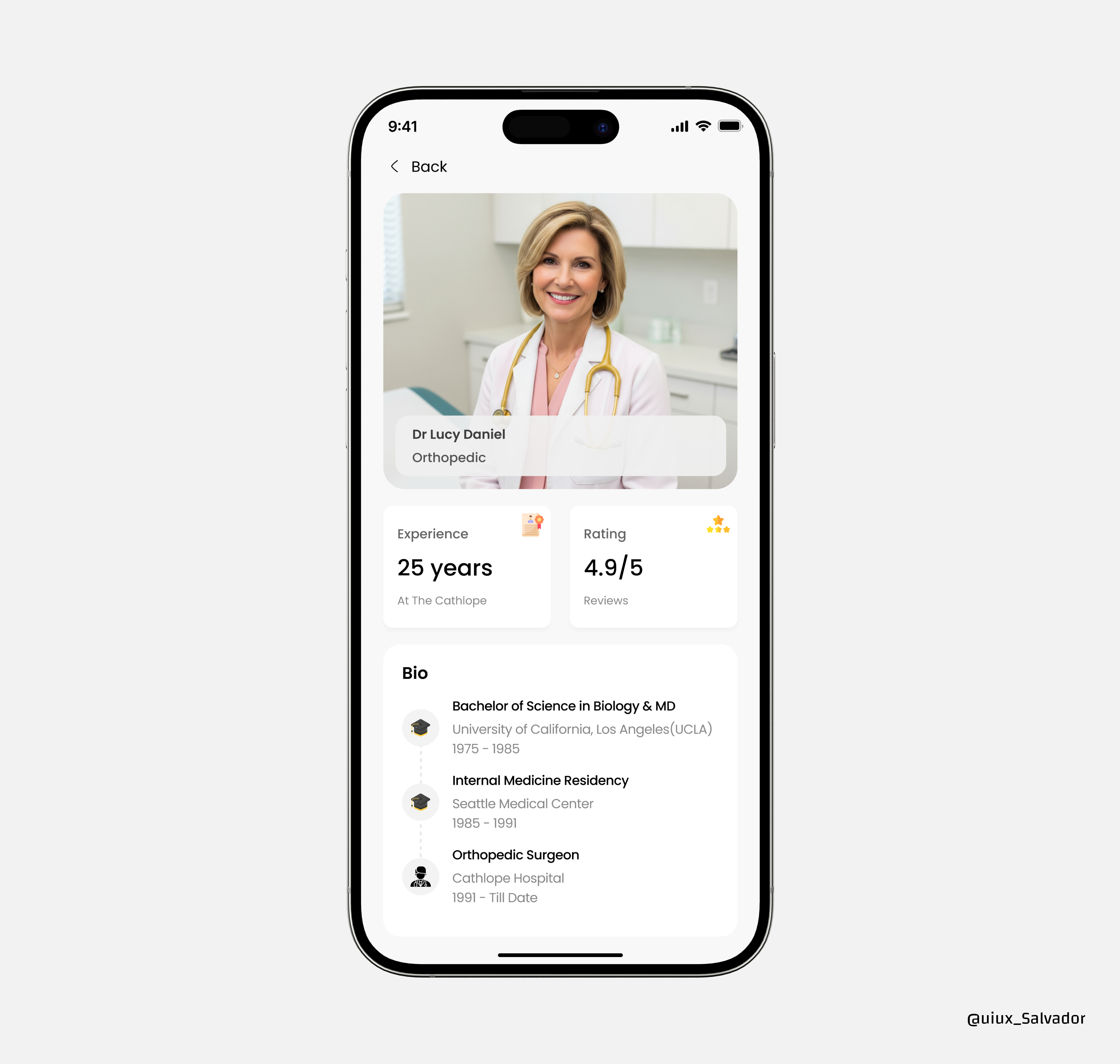 Doctor Bio bio care doctor healt care health hospital icon medical mobile design mobile ui ratings school surgeon typography ui ui design user experience user interface ux design