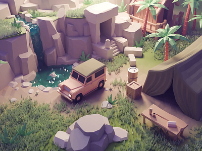 Jungle Camp Tutorial 3d blender diorama illustration isometric jungle lowpoly process render tutorial vehicle